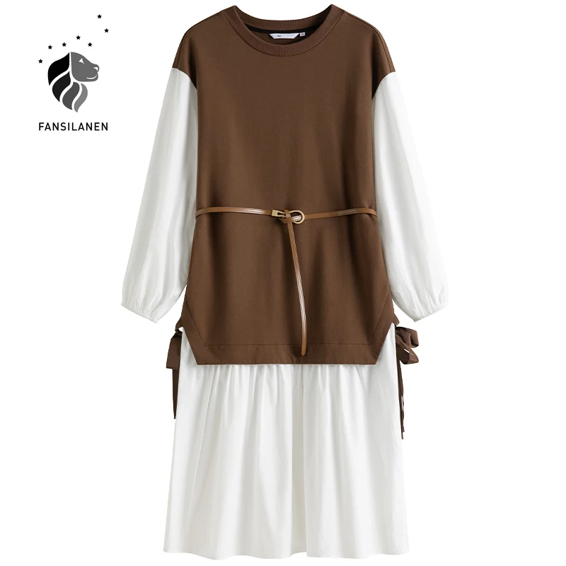 

FANSILANEN Fake two piece spring midi dress Women patchwork casual black shirt dress Female belt bandage loose elegant dress