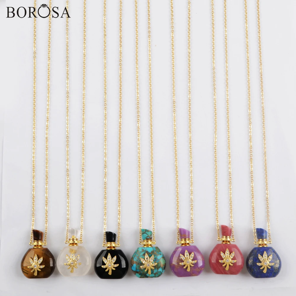 

CZ Micro Paved Gems Stones Perfume Essential Oil Bottle Pendant Necklaces with Gold Leaf Natural Stones Necklace Connector G1976