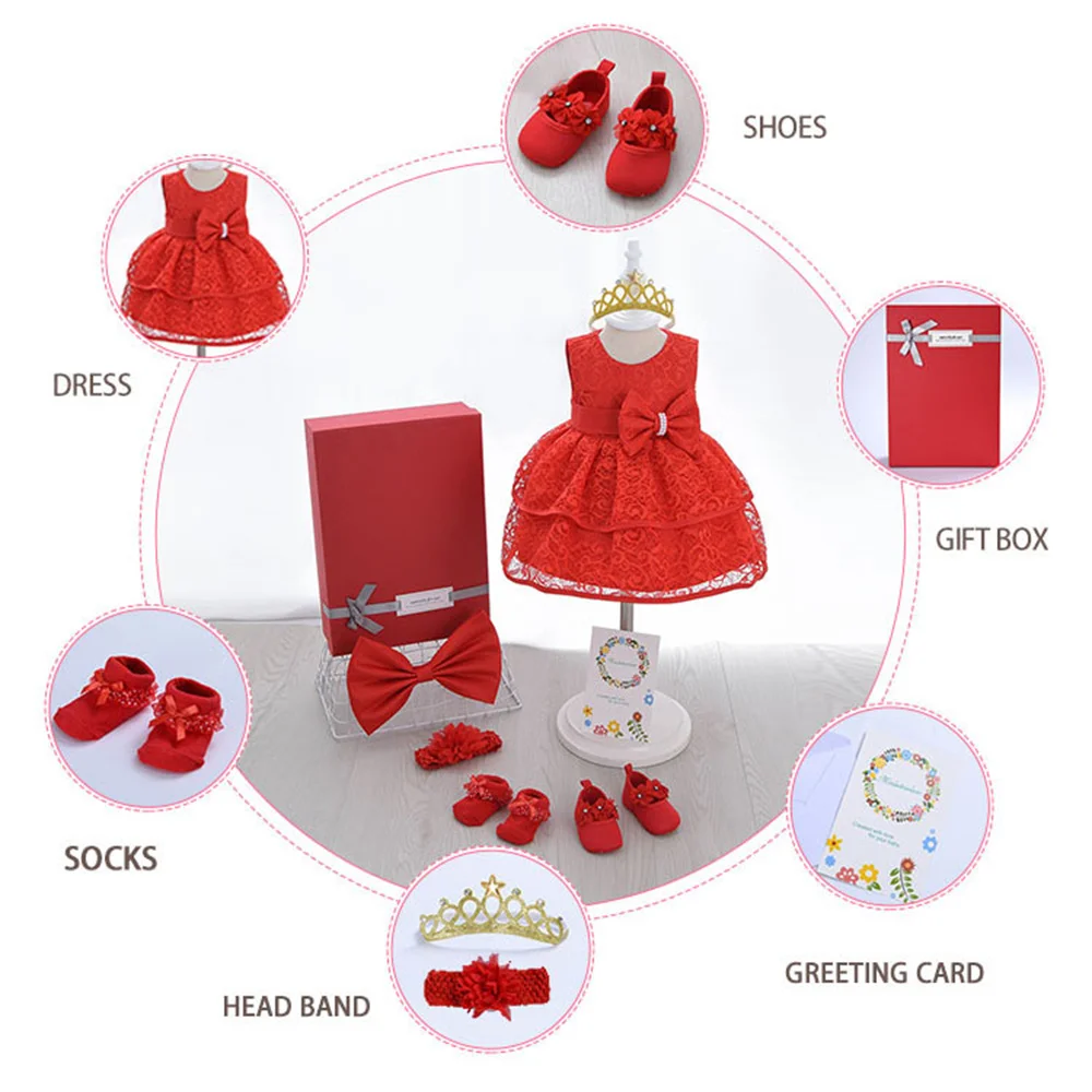 

Outong Birthday Dress 1 year Old Girl Red 6pcs/set Gift Box Baby Girls' Dresses Baby Dress Girls With Hair Band For Kids Party