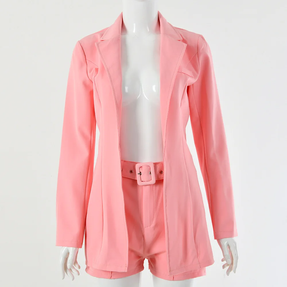 pink suit Элегантный однотонный деловой женский костюм, повседневный блейзер с отложным воротником, топ, пальто с шортами, женские комплекты, сексуальный офисный комплект из двух предметов - Цвет: pink suit