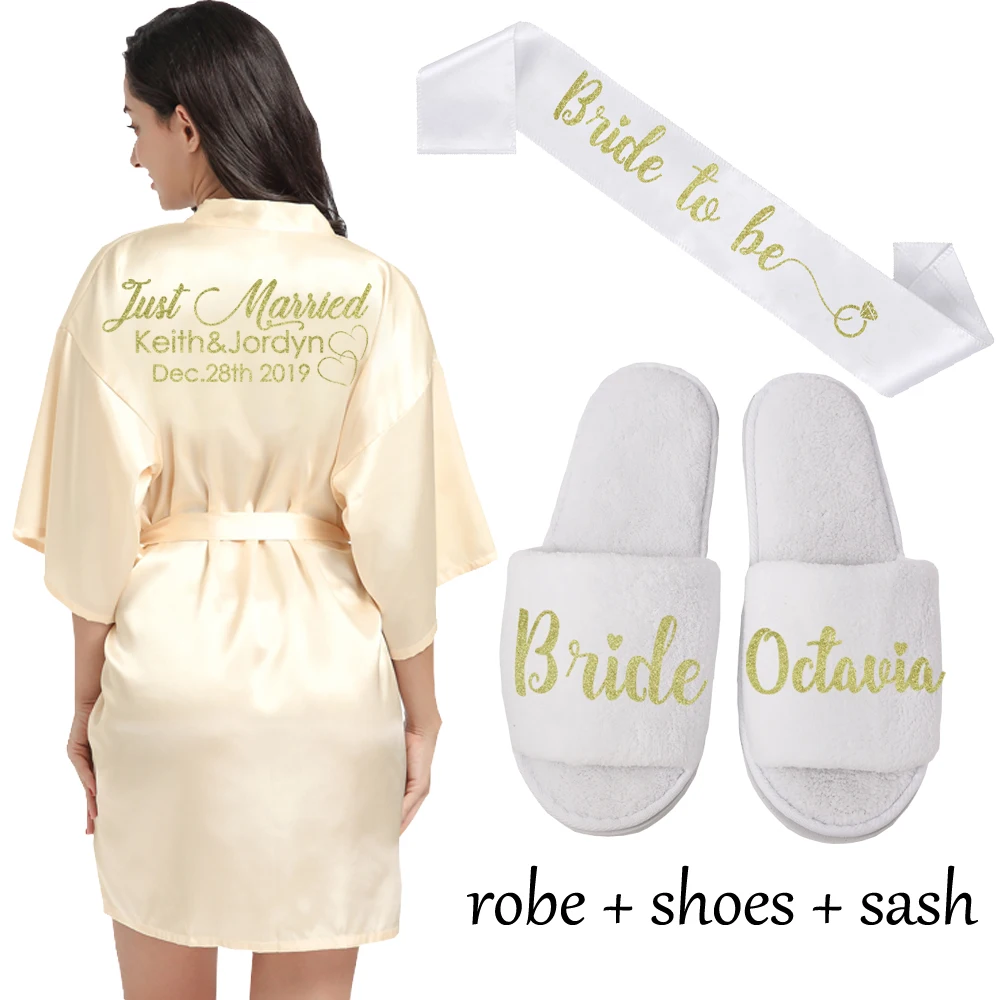 Cham robe shoe sash Индивидуальный Логотип Weddin Дата имя искусственный шелк кимоно халат для женщин Свадебные невесты халаты девичник свадебная одежда - Цвет: Cham robe shoe sash
