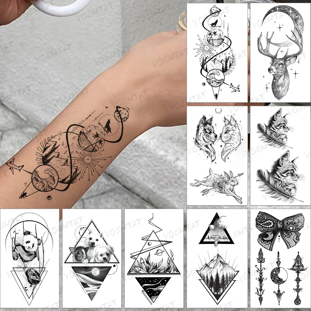 

Waterproof Temporary Tattoo Sticker Wolf Planet Flash Tatoo Sky Mountain Forest Arm Wrist Fake Tatto For Body Art Women Men