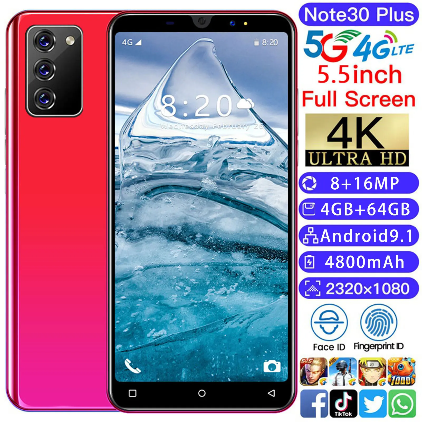

Global Version Smartphone Note 30 Plus 5.5Inch Mobile Phone 8+16MP 4+64G Full Screen 4800mAh Face ID 10core Dual SIM Android 9.1