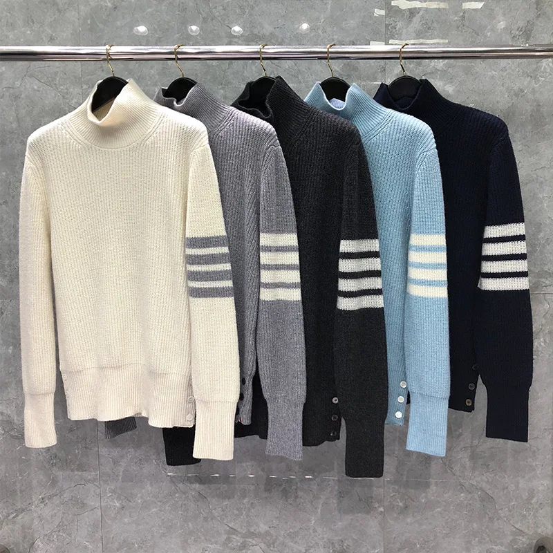

2021 модные брендовые свитера TB THOM, мужские облегающие пуловеры с высоким воротником, одежда, полосатая шерстяная Толстая осенне-зимняя повсе...