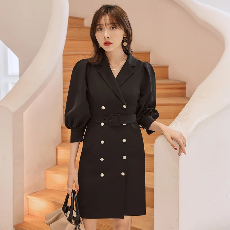 YIGELILA осень новое поступление черное платье отложной воротник три четверти рукав