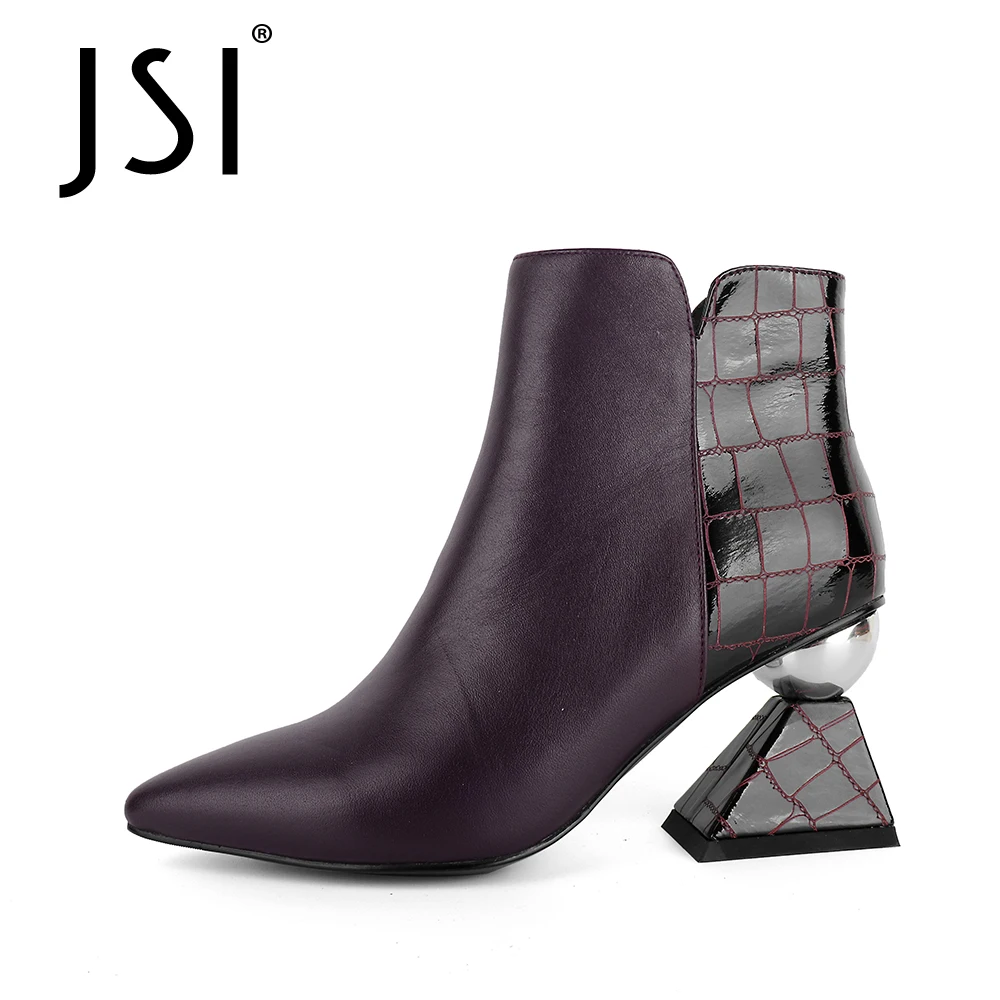 

JSI/зимние теплые женские ботильоны из натуральной кожи; Цвет фиолетовый; Обувь с острым носком на высоком странном каблуке в стиле пэчворк; К...