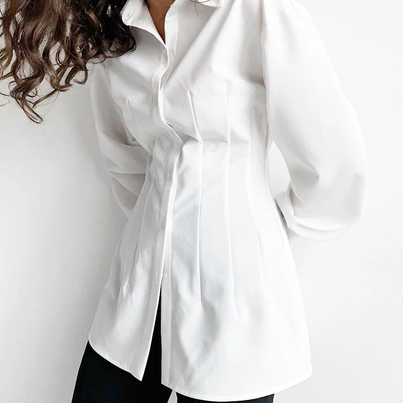

GALCAUR White Elegant Shirts For Women Lapel Long Sleeve Slim Ruched Loose Casual Blouses Female 2020 Autumn Fashion Clothes New