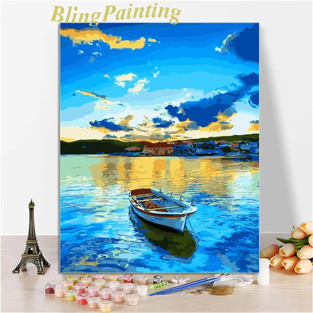 

Boat In Sea Scenery Oil Painting By Numbers On Canvas DIY Frame Handpainted Acrylic Paint Kits Picture Wall Art Home Decoration