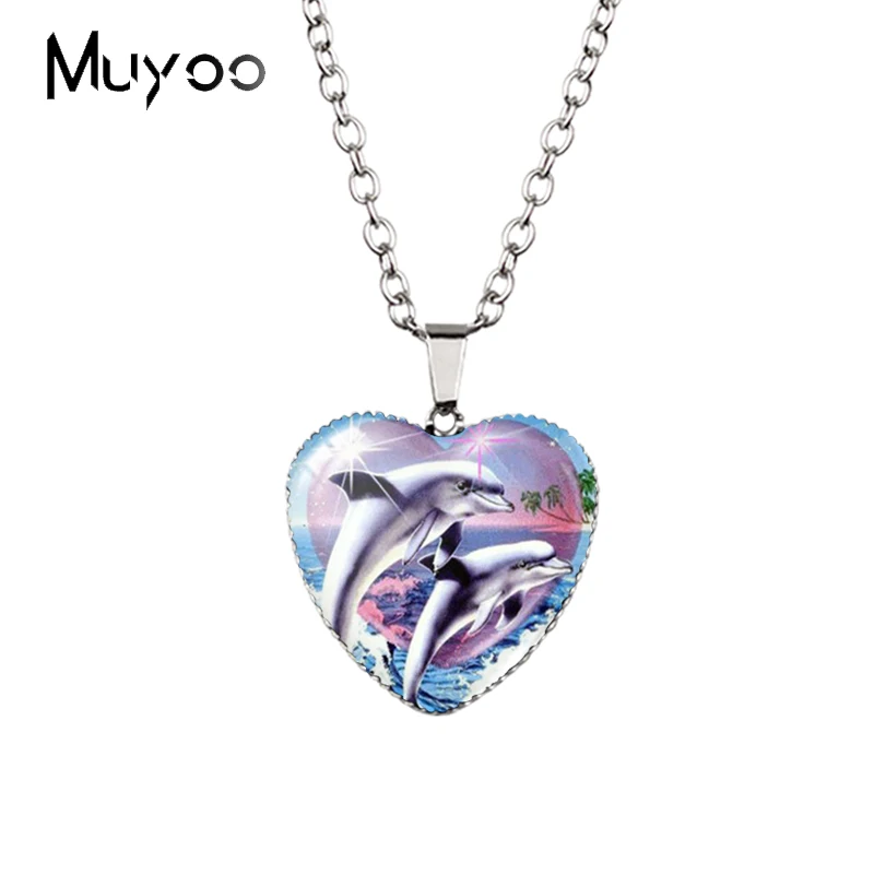 Ожерелье с подвесками в форме сердца дельфины на закате Галактический пейзаж