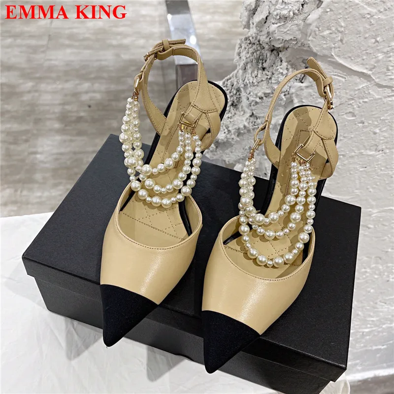 

2021 New Design Pearl Women Sandals Luxury Brand Real Leather Ladies Party Shoes Fashion Pointed Toe Slingback High Heels Pumps