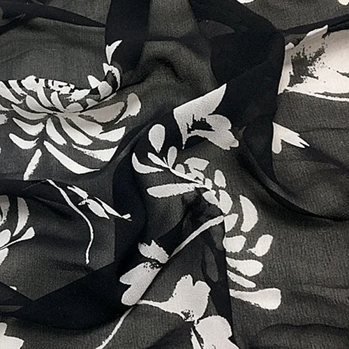 Белый цветочный принт на черном фоне чистый Шелковый жоржет марли шелковой ткани