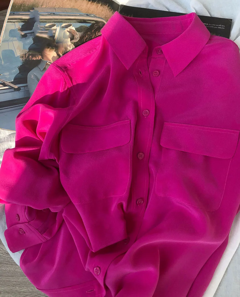 Высококачественная шелковая рубашка с длинным рукавом и отложным воротником