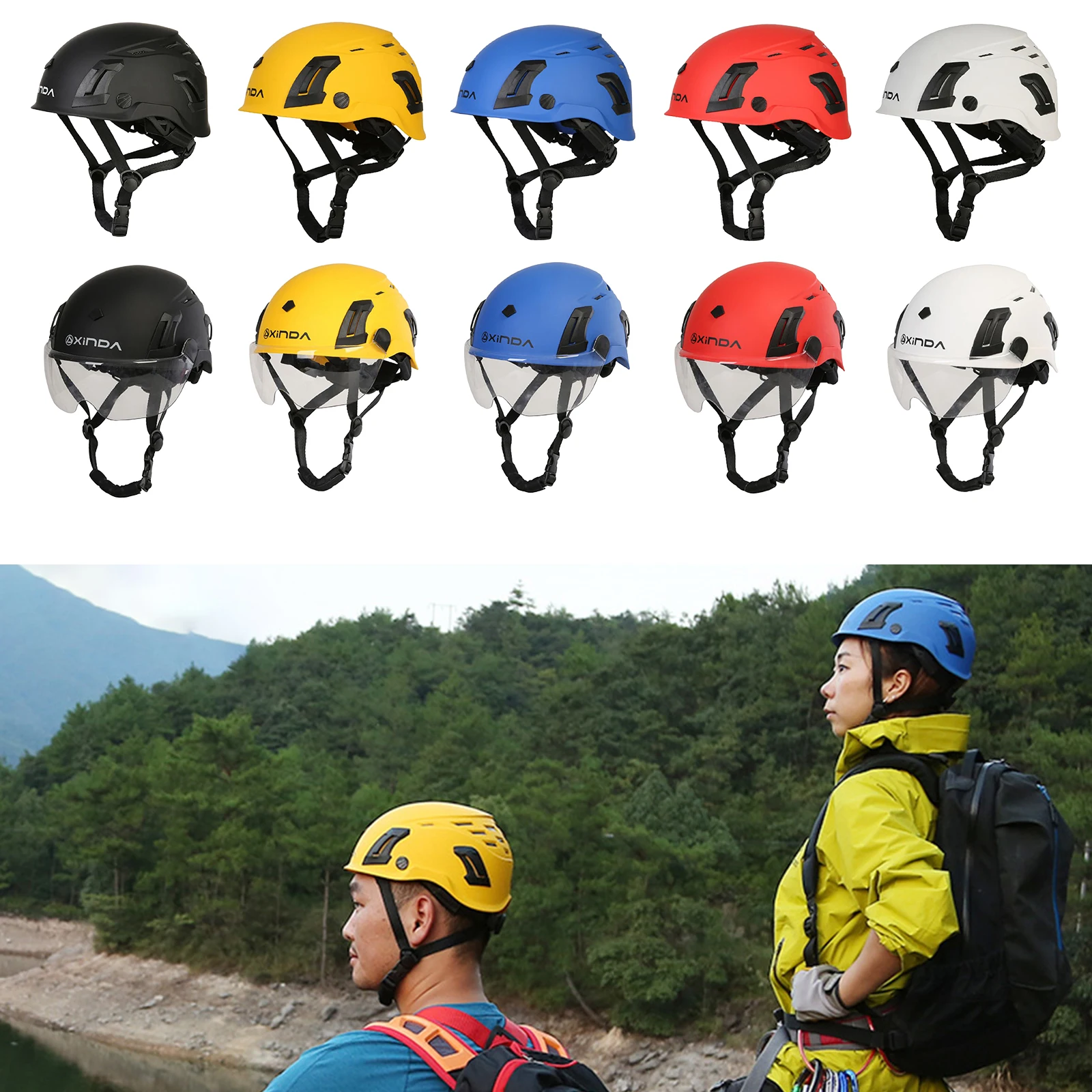 

Unisex Adults Outdoor Rock Climbing Safety Helmet Height Endurance Scaffolding Hard Hat Rappelling Protection Helmet w/ Visor