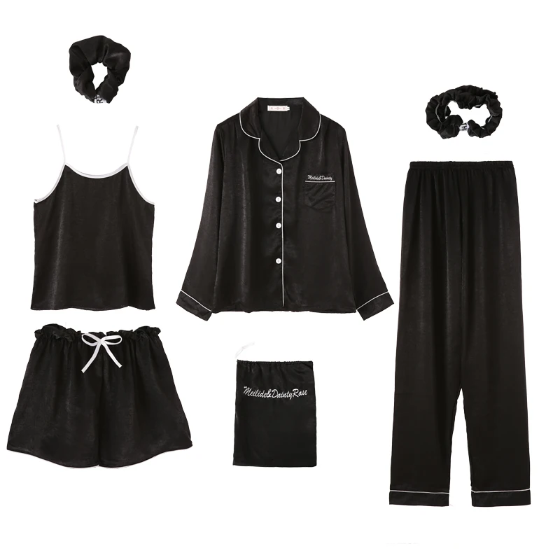 

Tonngirls 7 Pieces Set Sleepwear Solid Black Women's Pajamas Set Spring Summer Comfortable Home Suit For Women 2021 Homewear