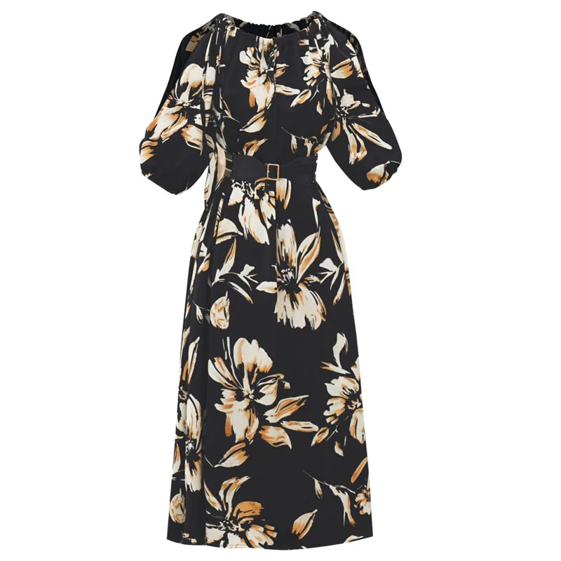 

Summer Dress Women 2021 Floral Printed Short Sleeve Elegant Office Ladies A-Line Sexy O-Shoulder Boho Party Clothes Midi Dresses