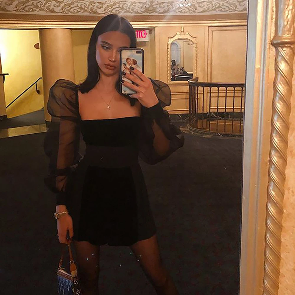 

Sexy Women Designer Long Sleeve Mesh Black Mini Bodycon Bandage Dress 2021 Ladies Party Dress Vestido