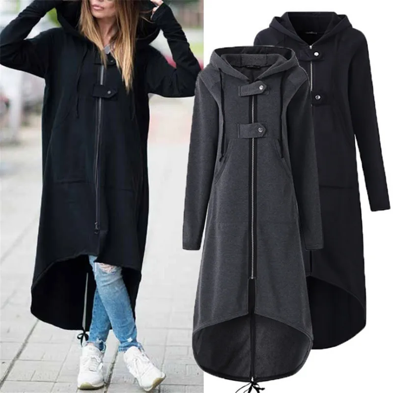 Autumn Hooded Long Sleeve Zip Sweatshirt Hoodies Coat Women Solid Long Jacket Irregular Hem Black Outwear Plus Size