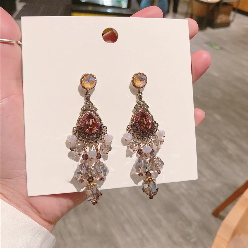 

OSHUER High Quality Gold Handmade Crystal Stone Cute Korean Long Earrings for Women Stud Earrings Fashion Jewelry Party Gift