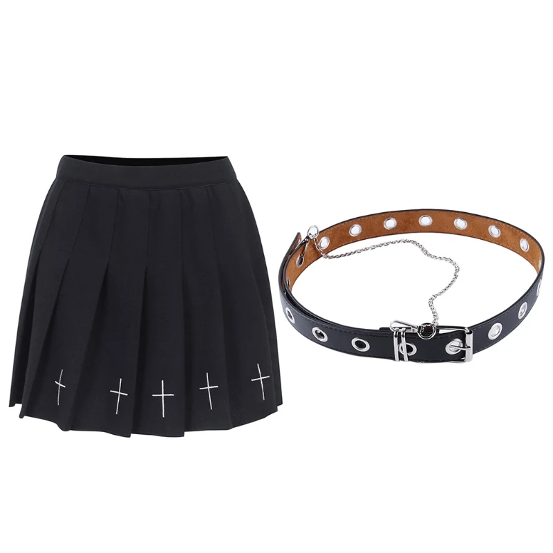 

Women Punk Cross Embroidery Black Mini Pleated Skater Skirt Ruffle High Waist A-Line Dark Gothic Harajuku Streetwear