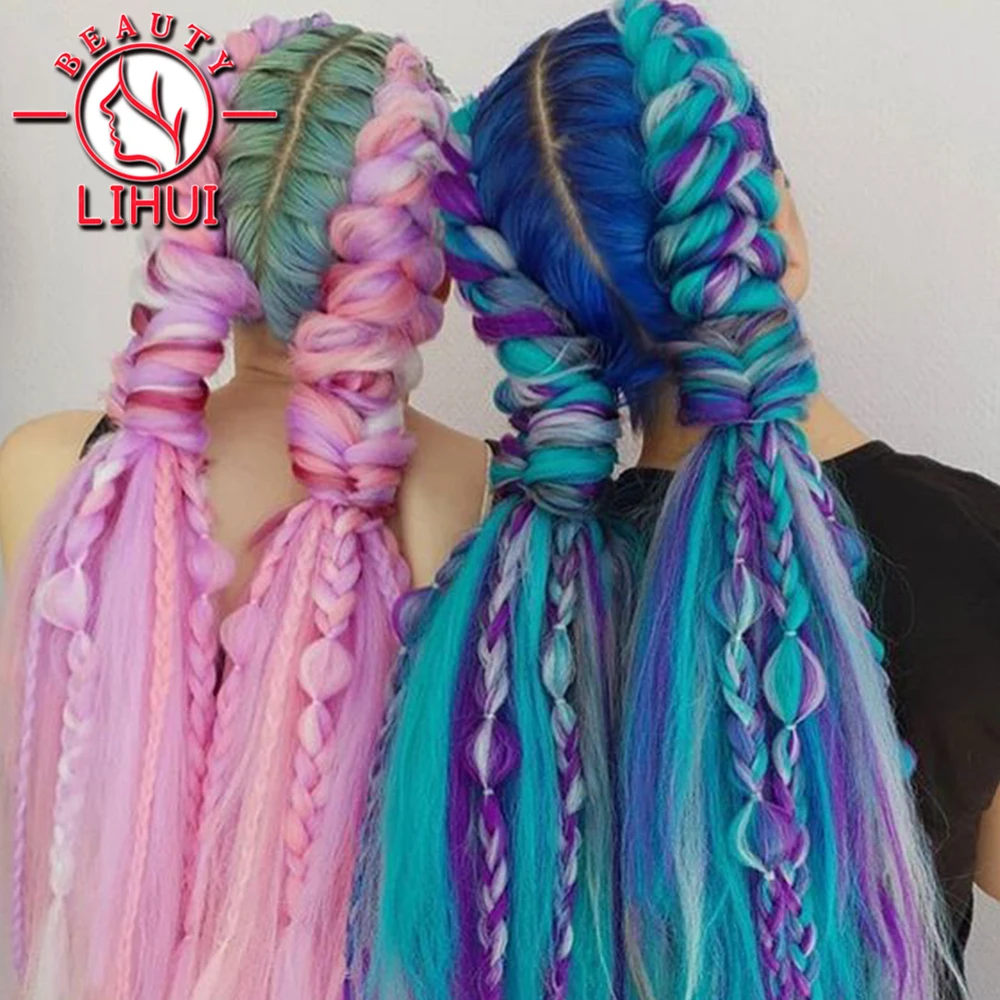 LIHUI 10packs Women Long Ombre Glowing Twist Synthetic Braiding Hair Extension 24&quotJumbo Braids Pink Blonde Green Two Tone Color |