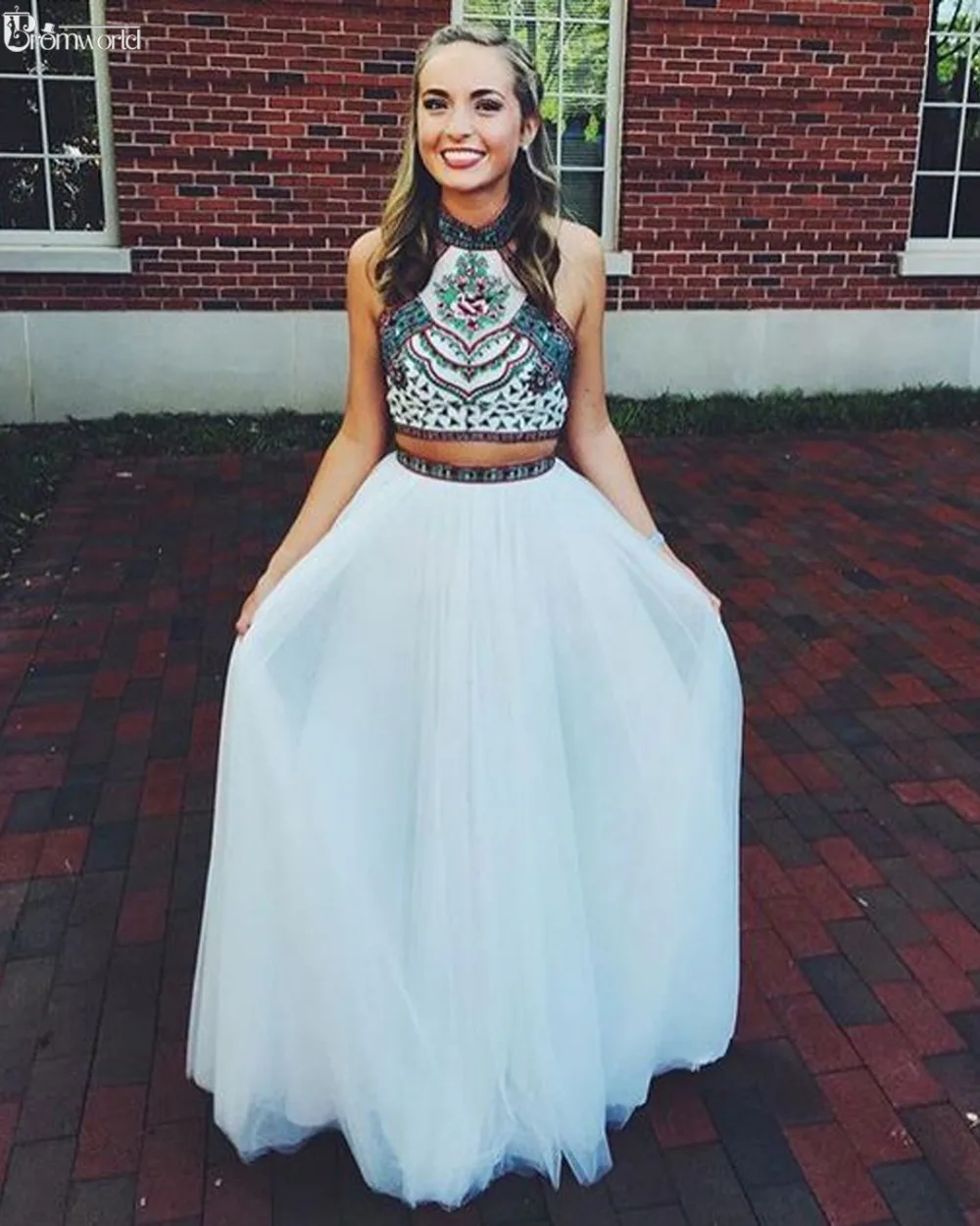 Vestido De Formatura белое платье для выпускного вечера es шифоновое платье с цветочной вышивкой и лямкой на шее ТРАПЕЦИЕВИДНОЕ ПЛАТЬЕ из двух частей для выпускного вечера