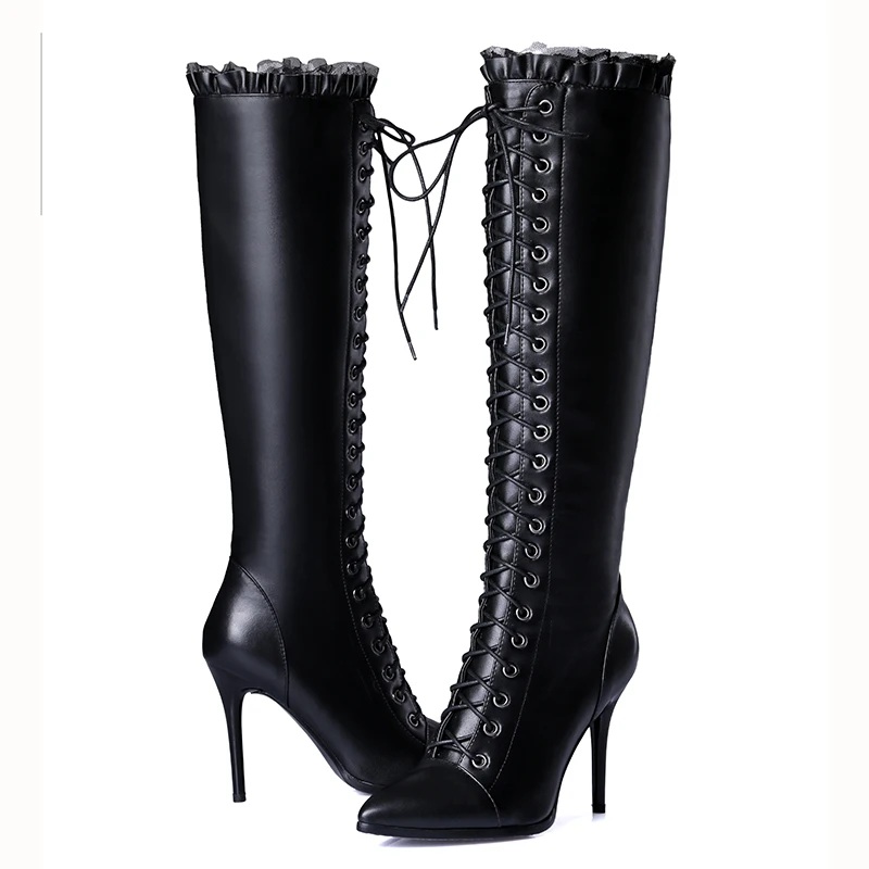 ENMAYER 2020 New Fashion High Quality Women Cow Leather Lace-up Knee Boots Lady Pointed Toe Heel | Обувь