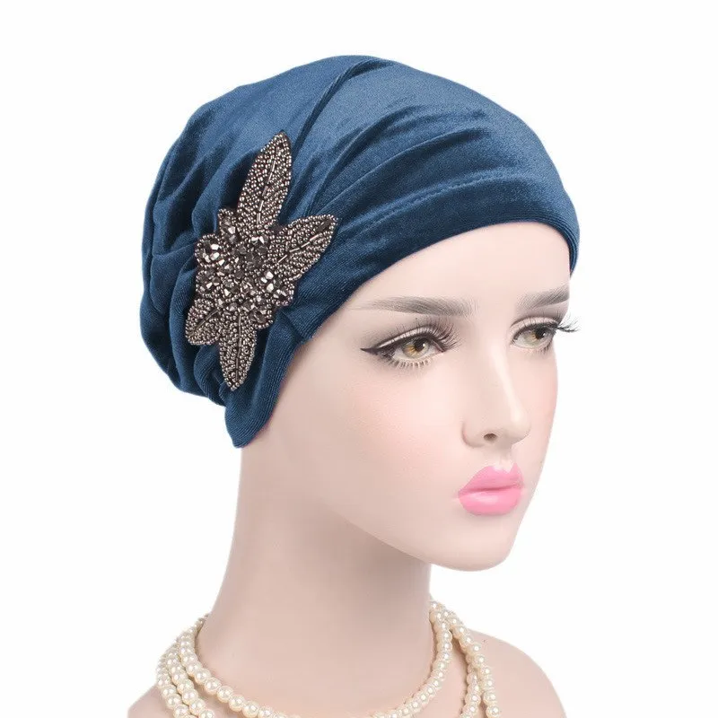 Turbante de terciopelo para mujer, bufanda musulmana con diamantes de imitación, diadema, turbantes,