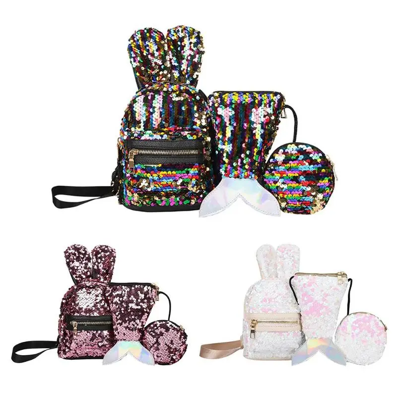 New Fashion Mini Shining Sequins School Backpack Women Rabbit Ears Rucksack Cartoon Label Purse Zipper Shoulder with Small Bag