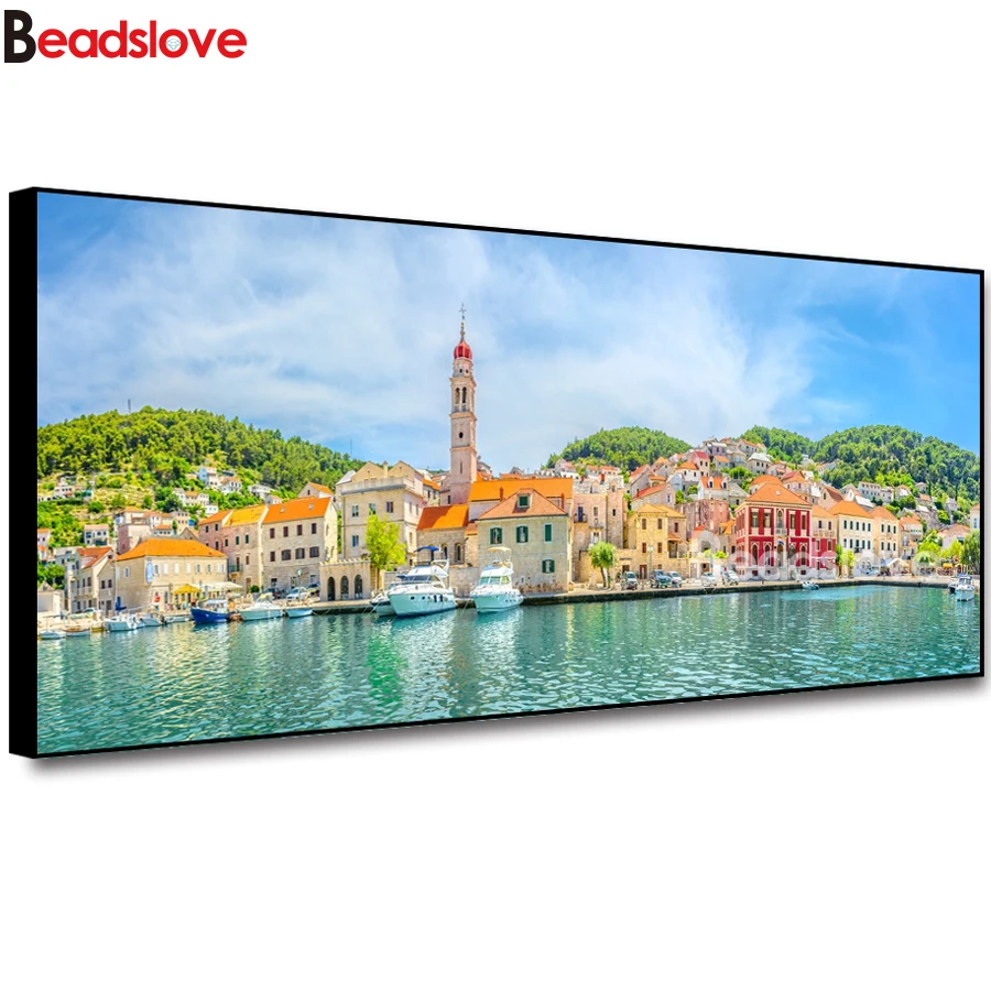 

Large DIY Diamond Painting Seaside Town Port Kit Cross Stitch Full drill square round Diamond Embroidery mosaic Decor