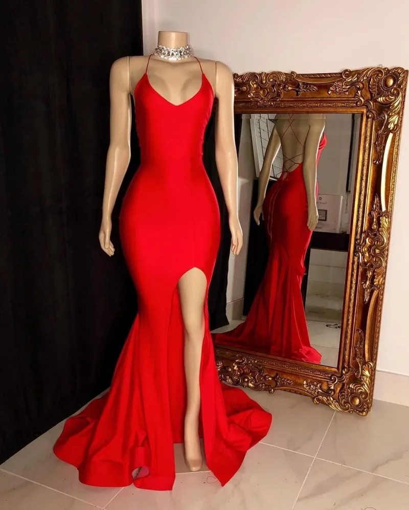 

Simple Red Prom Dresses Backless Mermaid Split Evening Dresses Long V Neck Party Gowns Robe De Soirée De Mariage