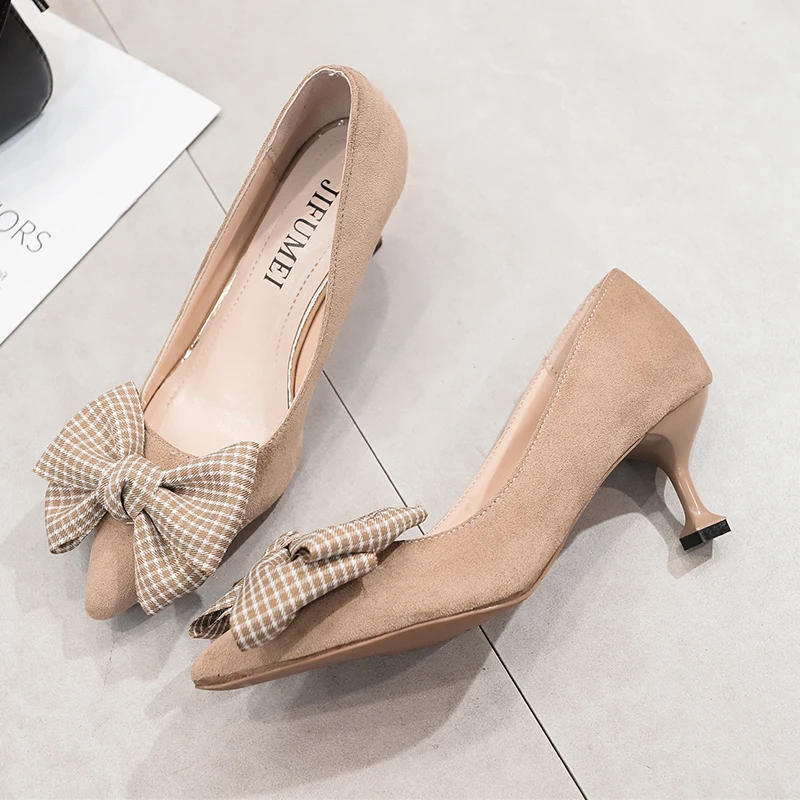 Женская обувь Рабочая с бантом из ленты Женские туфли на высоком каблуке острым