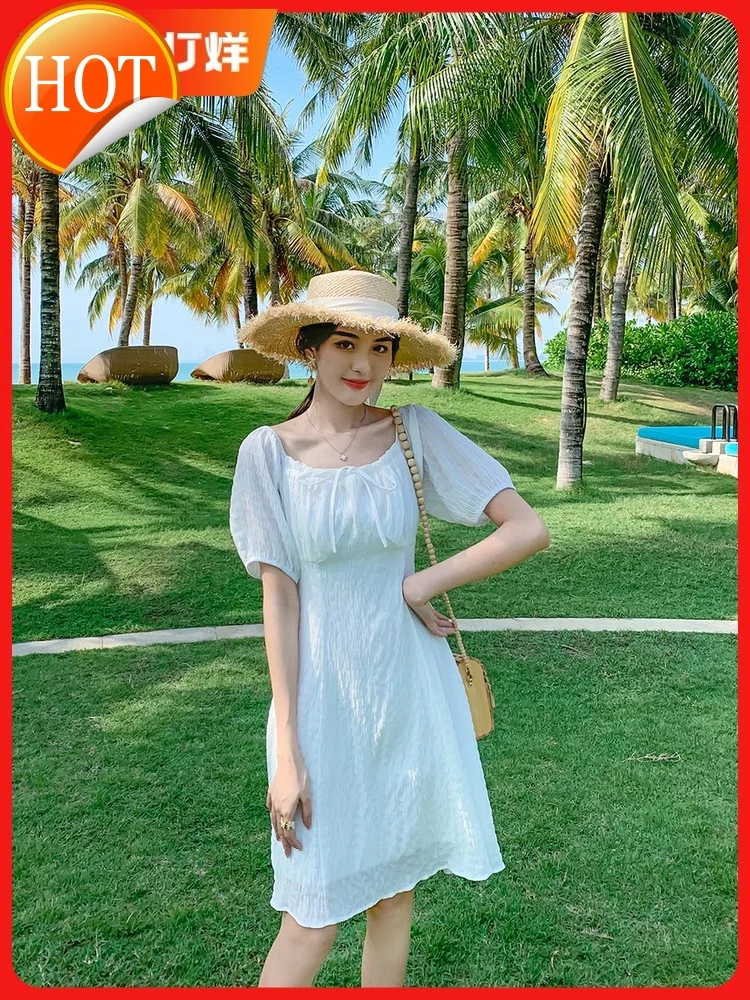 

New Sanya Beach Resort Bohemian beach skirt super slim white dress