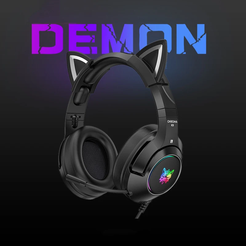 

2021 Hot K9 Black Demon Version Cat Ear Girl Gaming Headphones RGB Luminous Mobile Phone Computer Noise Reduction Headset