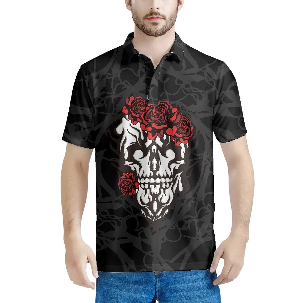 

Gothic Style Custom Turn Down Collar Clothes Stylish Skull And Roses Pattern Summer Male Polos Shirts Short Sleeve Polos Shirts