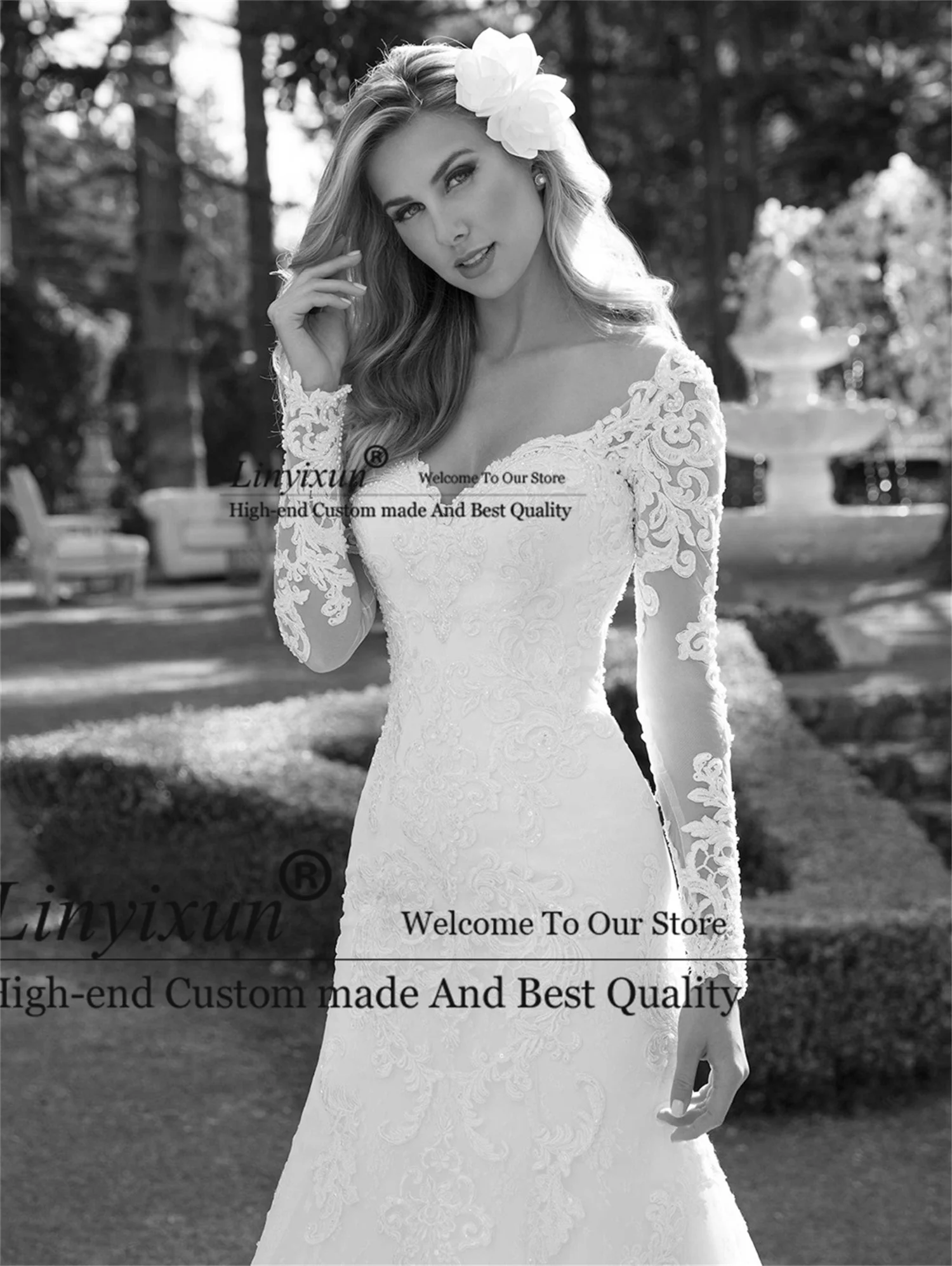 

Sexy Mermaid Wedding Dresses 2022 Long Sleeve Tulle Lace Beaded Pearls Bridal Gown Formal Women Sweep Train Vestido De Noiva