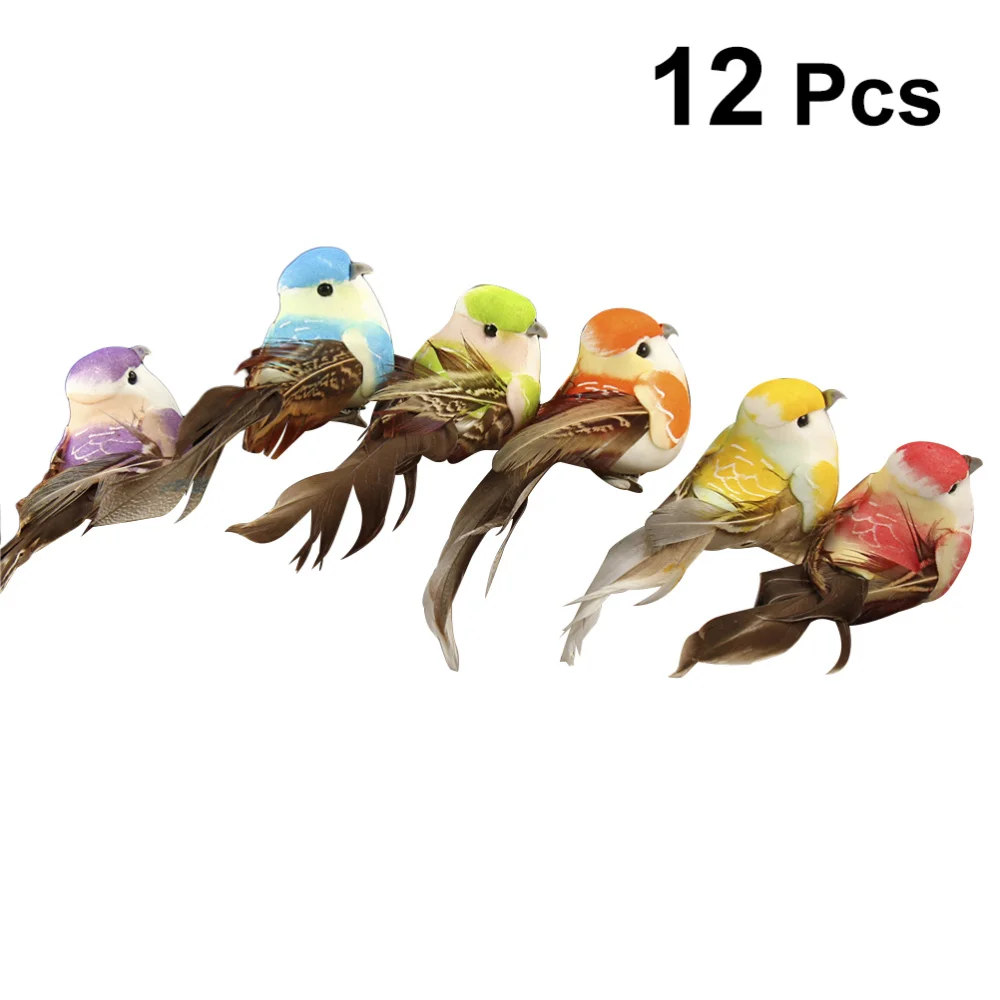 

12 Pcs 6 Colors Artificial Feathered Birds Vivid Colorful Bird Desktop Ornaments Decorations Photo Props for Landscape Home Gard