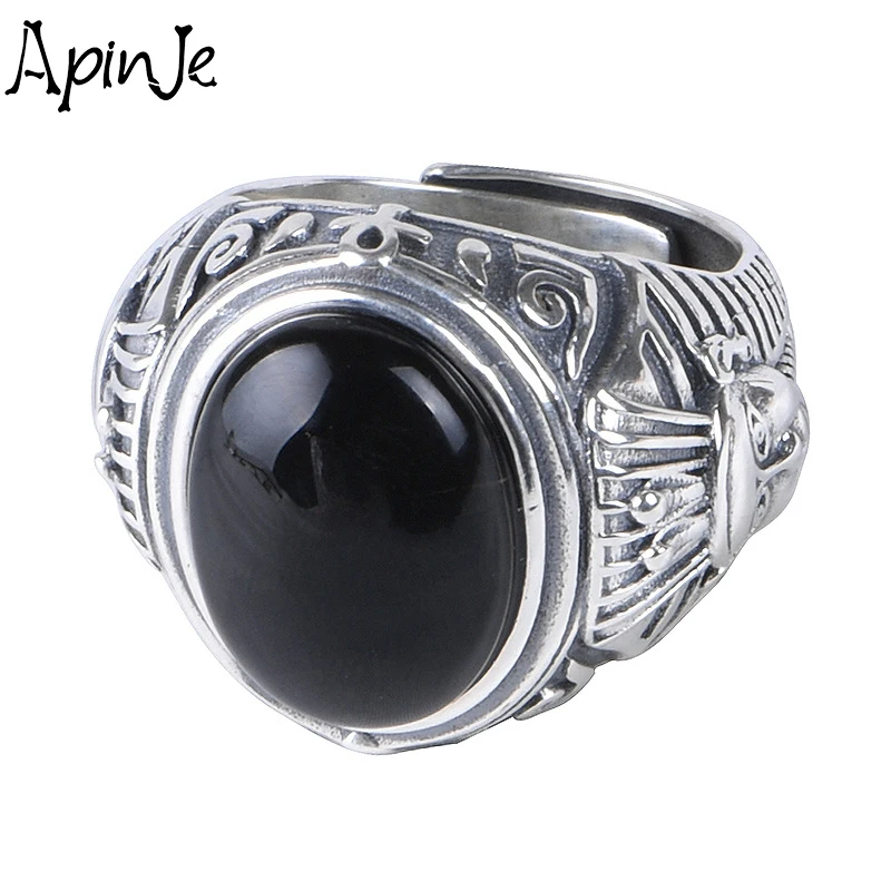 

Apinje Big Black Stone Real Solid 925 Silver Open Ring for Men Vintage Onyx Thai Rings Jewelry