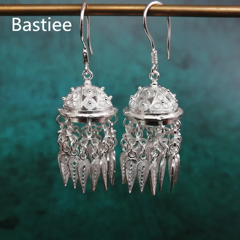 Женские серьги кисточки из серебра 999 пробы с монгольской шляпой|Серьги-подвески|