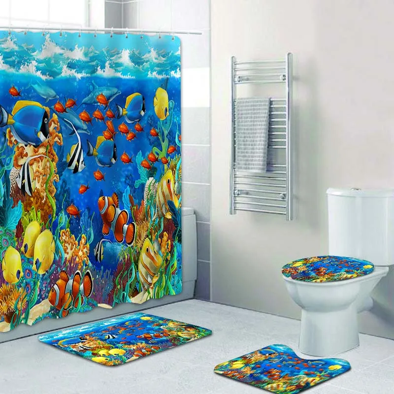 

3D цифровой подводный мир для океана, рыбный школьный креативный принт, занавеска для душа, напольный коврик для ванной, коврик для туалета, 4 ...