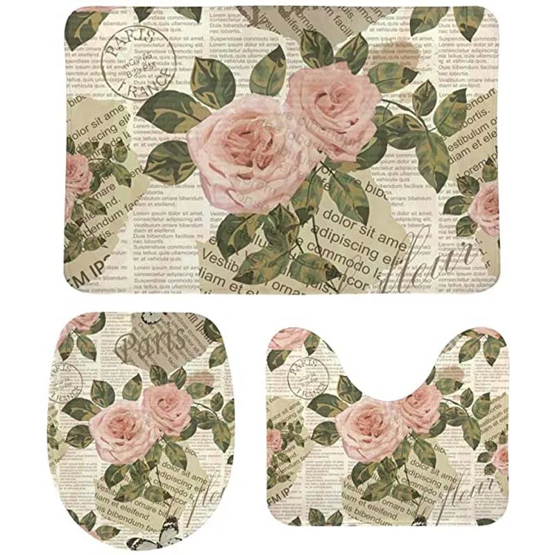 

Bathroom Rugs and Mats Sets 3 Piece Paris Vintage Roses Washable Non Slip U-Shaped Contour Rug Mat and Lid Cover for Bathroom