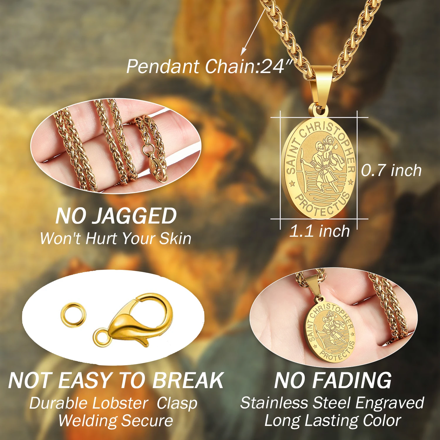 

Ascona Men's Gold Stainless Steel Amulet Necklace Catholic ST Saint Christopher Pendant Safe Trip Traveler Fashion Jewelry