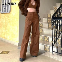 vintage flower print pants women y2k brown splicing loose mid waist harajuku fashion straight jeans trousers 90s streetwear