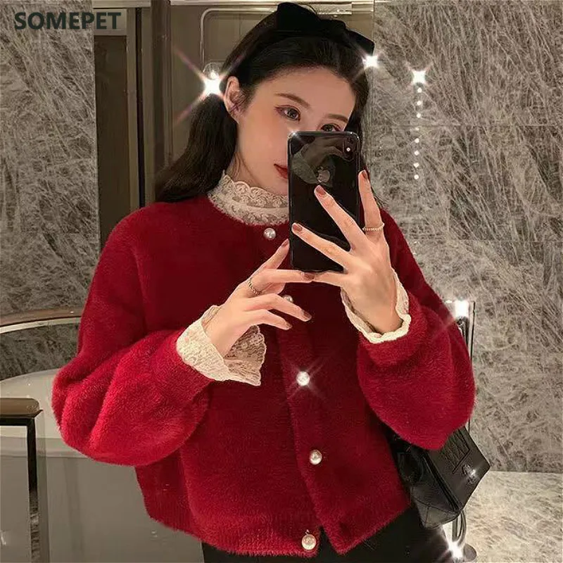 

Cardigan Women Solid Knitted Retro Popular Korean Style Jumper Sweaters Newest Daily All-match Loose O-Neck Vintage Soft Autumn