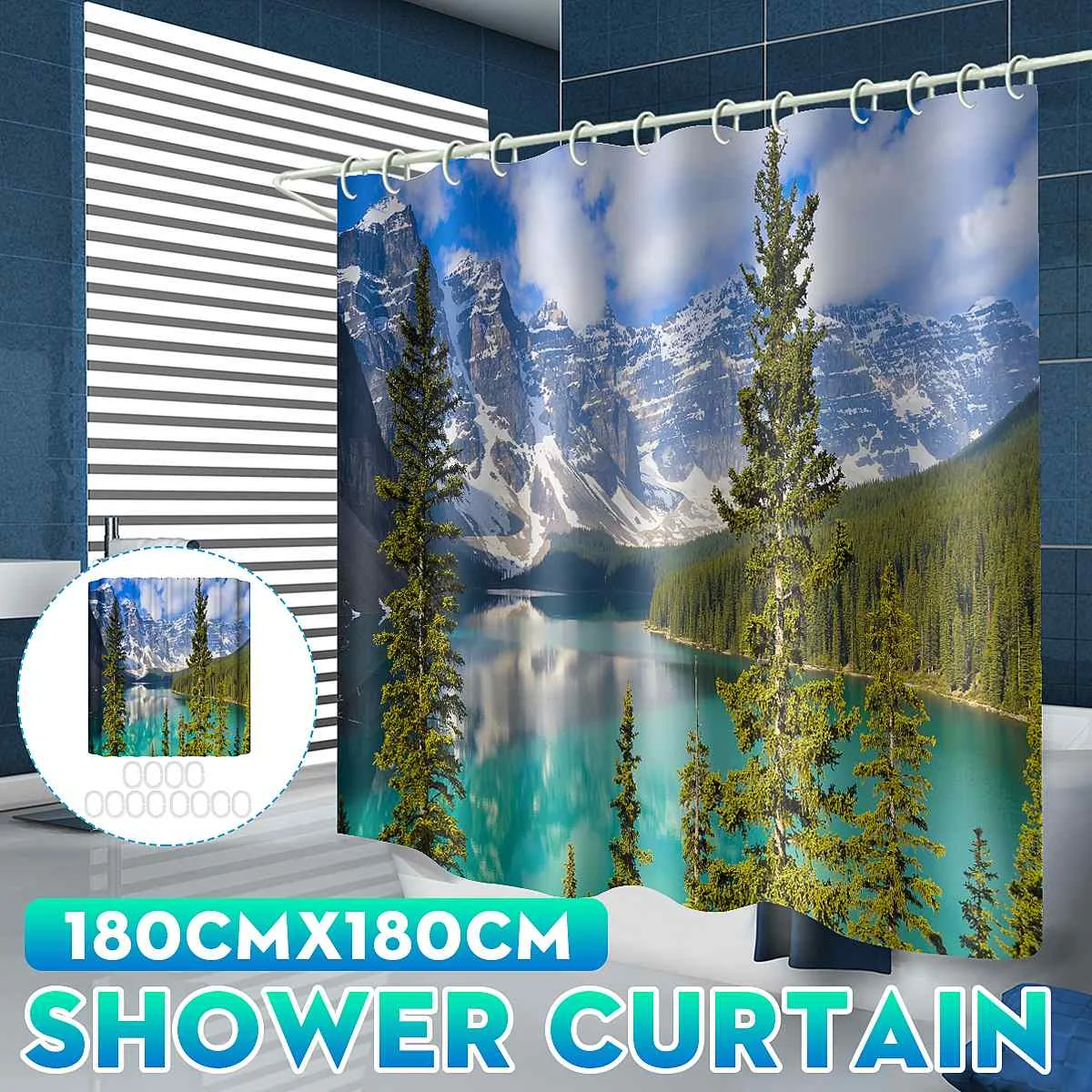 

180x180cm Waterproof Moraine Lake Print Bathroom Shower Curtain Toilet Cover Cushion Non-slip Carpet Cover