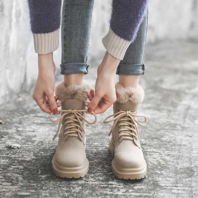 

2022 Women's Snow Boots Winter Genuine Leather Wedges Shoes Woman Ankle Boots Warm Plush Ladies Winter Heels Boot Snow Shoes