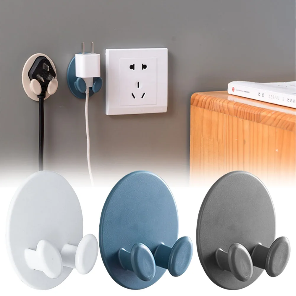 2PCS Plug Hook Wall Mounted Adhesive Home Office Two Feet Bathroom Punching Free Socket Holder Cable Organizer Space Saving |