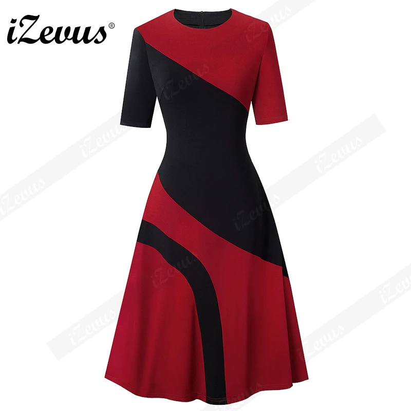 

IZEVUS Elegant Women Dress o-neck Retro Contrast Color Patchwork A-line Dresses Business Office Ladies Workwear Dress
