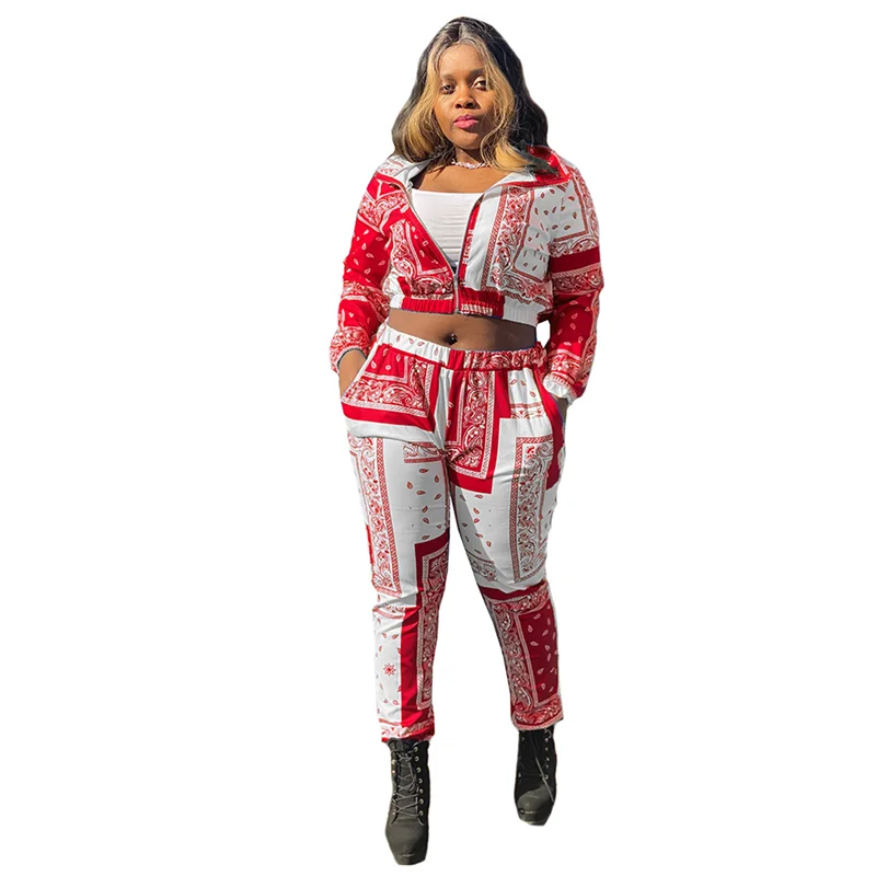 

Streetwear Outfits Women Two Piece Set Fashion Printing Leisure Women's Clothing Zipper Long Sleeve Crop Top Pencil Pants Suits