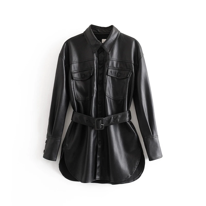 

Winter Belt Autumn Black PU Leather Blouses And Shirts Women Pockets Casual Long Sleeve Blouse Tops Ladies Blusas Camisas Mujer