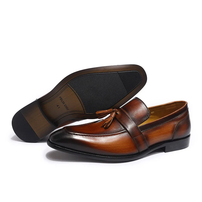 Туфли мужские из натуральной кожи лоферы с бахромой без застежки повседневная